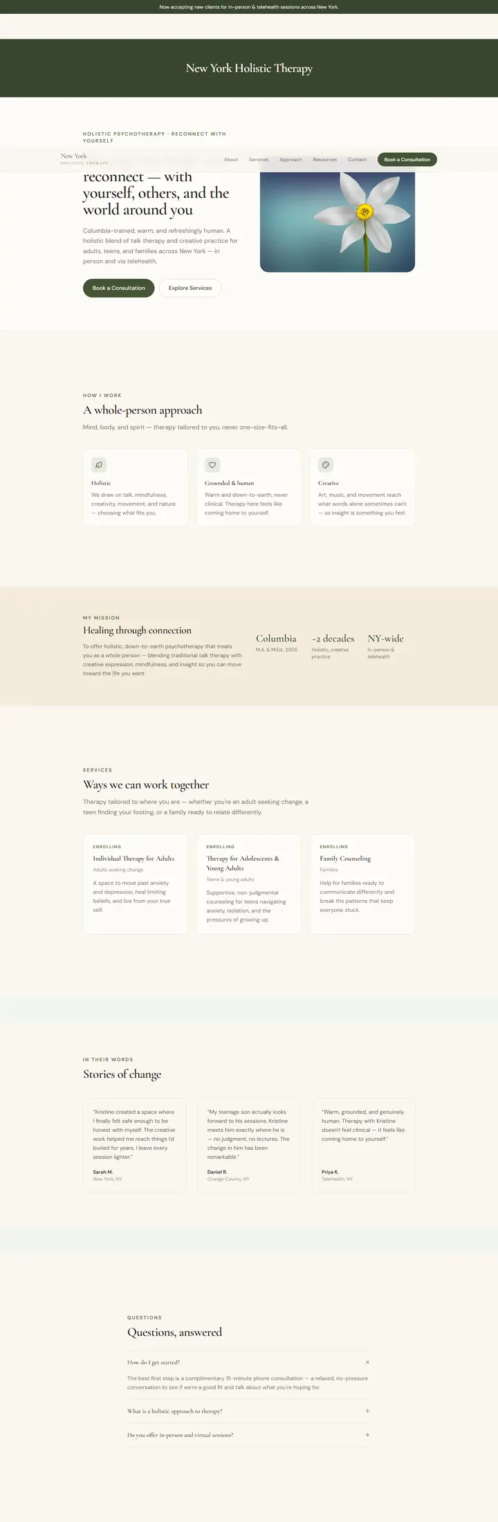 New York Holistic Therapy — full-page capture of the Fox Hill rebuild (nyht.f-me.ai)